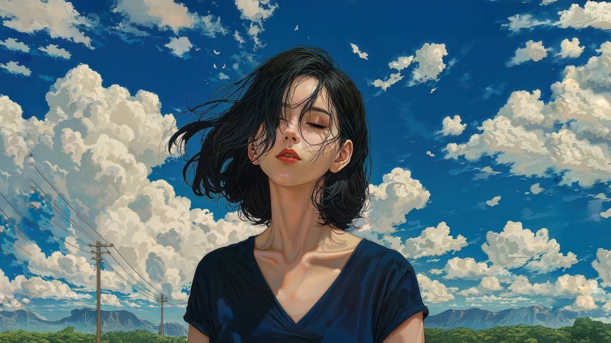 短发少女闭眼立蓝天白云下清新插画电脑壁纸