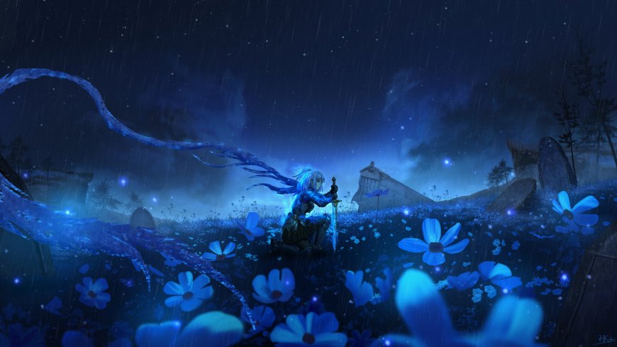 蓝发骑士跪于雨夜花海墓碑暗黑二次元动漫电脑壁纸