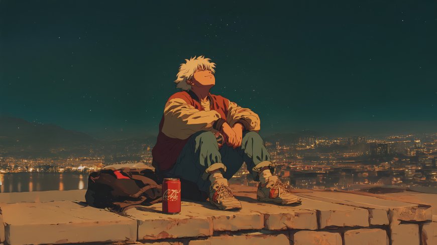白发少年坐天台仰望星空城市夜景动漫少年电脑壁纸