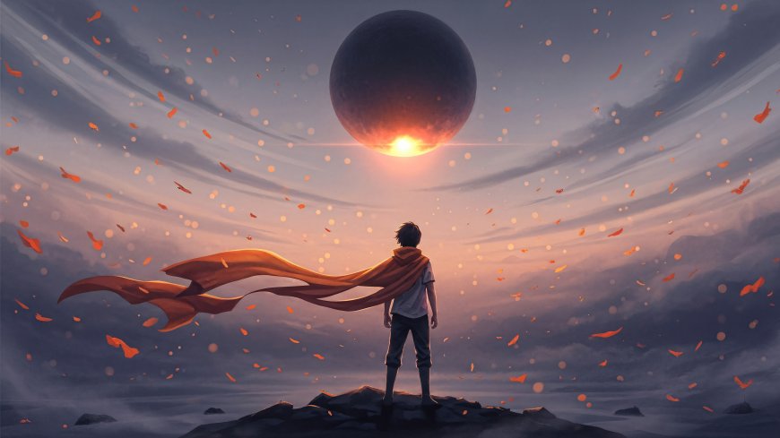 少年披风望巨球天空橙瓣飘落创意电脑壁纸