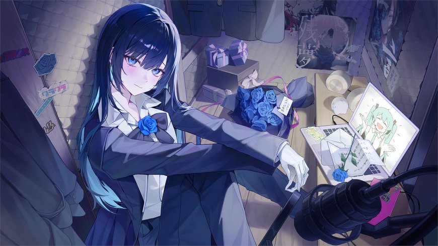 蓝发少女手持蓝玫瑰房间直播动漫电脑壁纸