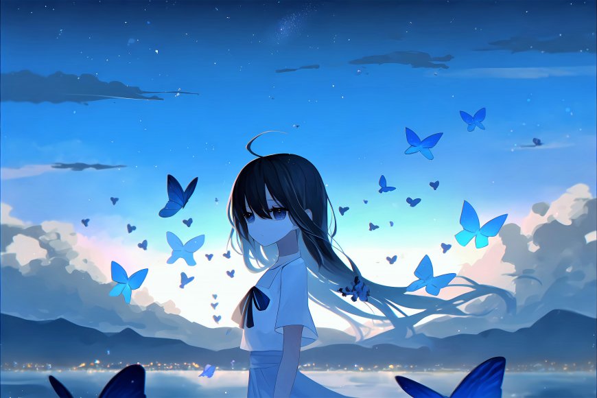 蓝发少女蝴蝶星空动漫电脑壁纸