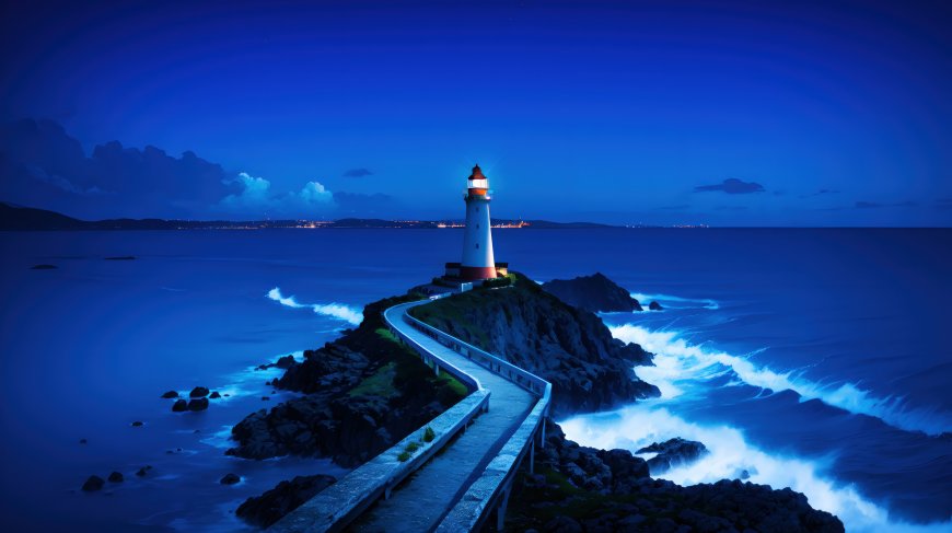 海边灯塔夜景蓝色海浪自然风光风景电脑壁纸