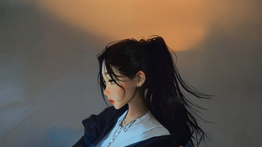 黑发马尾少女侧脸暖光治愈系插画电脑壁纸