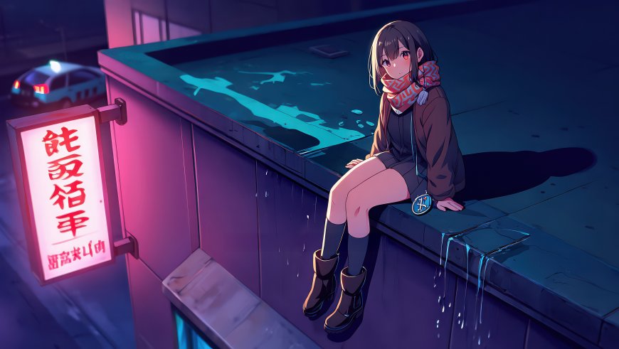 动漫少女坐屋顶霓虹灯夜景都市动漫电脑壁纸