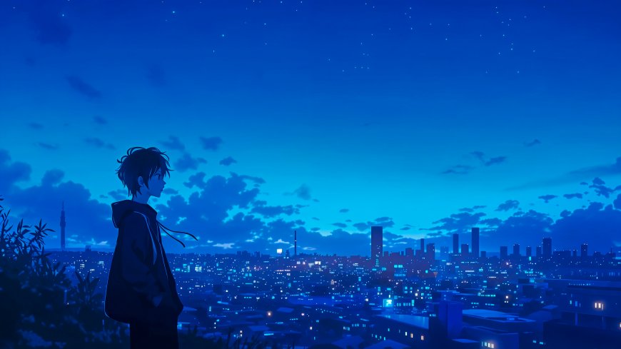 动漫少年城市夜景仰望星空孤独感人物电脑壁纸
