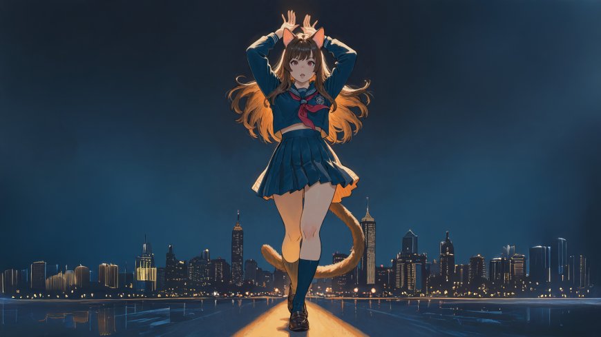 猫耳少女都市夜景猫尾动漫壁纸
