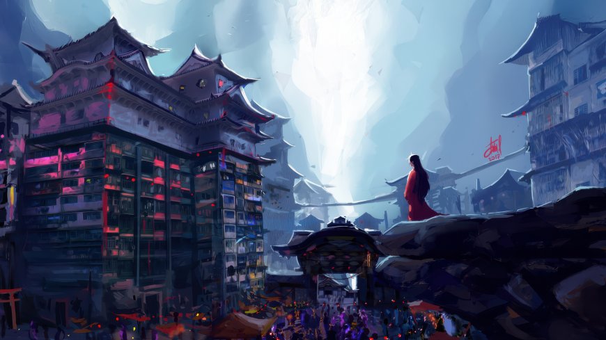 红衣少女俯瞰古风城市奇幻插画电脑壁纸