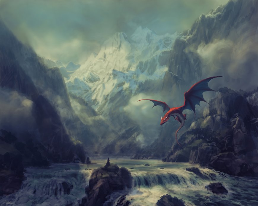 红色巨龙飞越雪山湖泊奇幻插画电脑壁纸