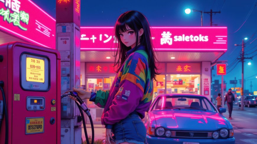 黑长直少女加油站霓虹夜景赛博朋克动漫电脑壁纸