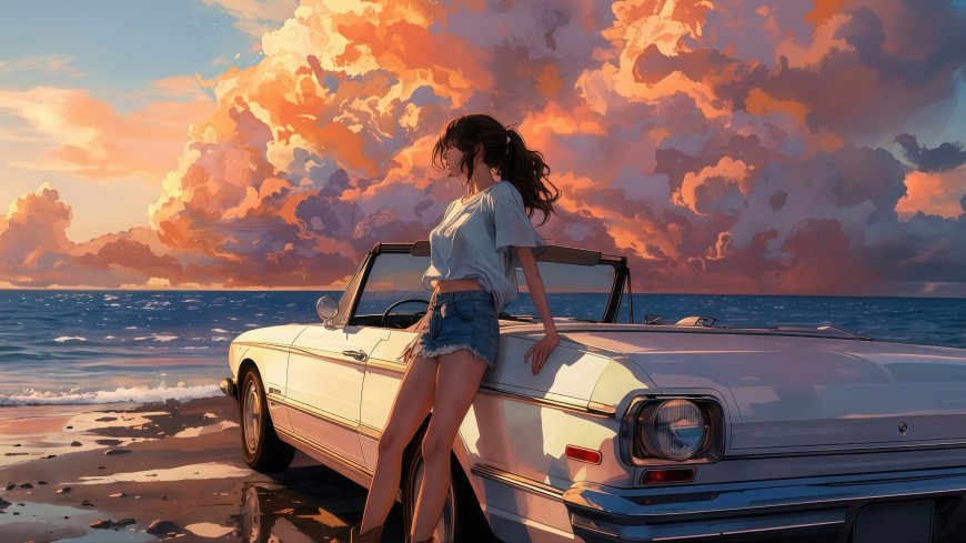 美女敞篷车海边日落风景电脑壁纸