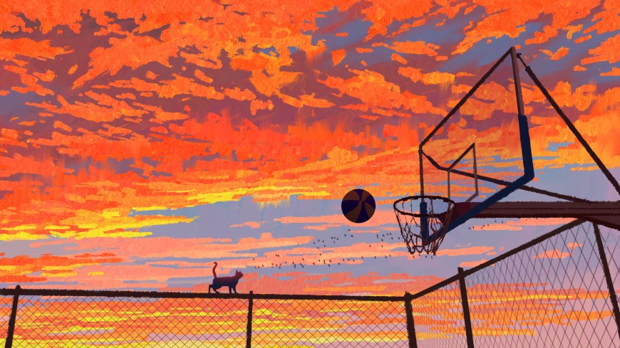 篮球场与猫黄昏天空插画电脑壁纸