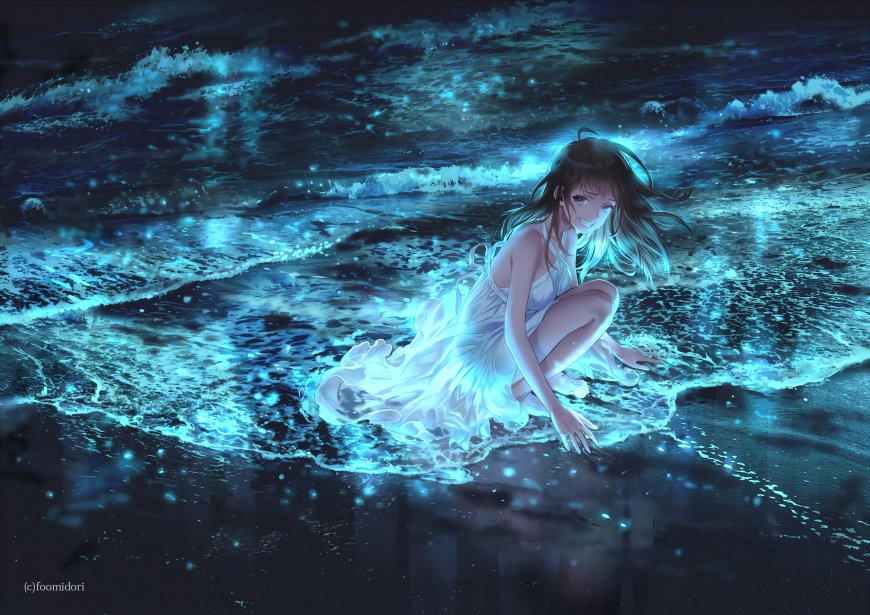 白裙少女蹲荧光海滩动漫少女电脑壁纸