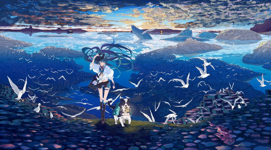 初音未来海边与狗观鲸鸟群动漫电脑壁纸