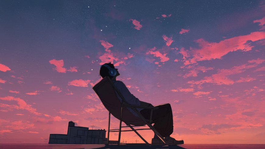 少年躺椅观星晚霞星空动漫人物电脑壁纸