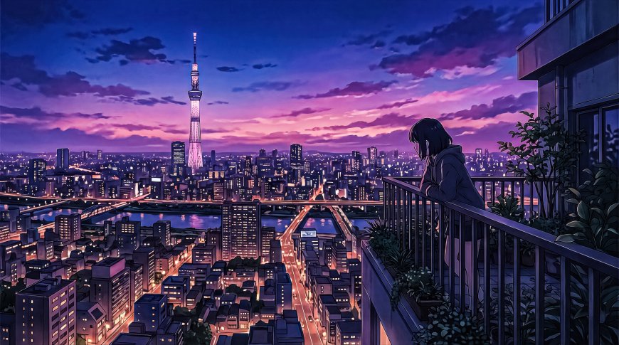 东京晴空塔少女暮色城市风光动漫电脑壁纸