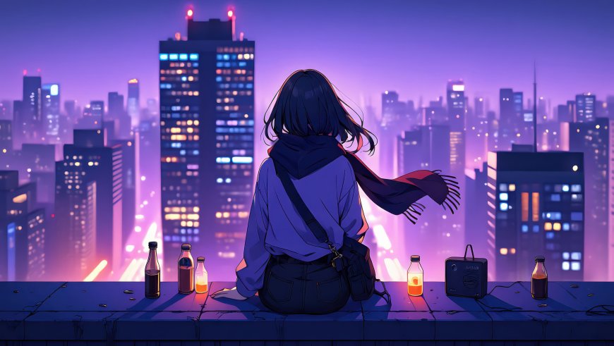 少女背影霓虹都市夜景赛博朋克动漫电脑壁纸