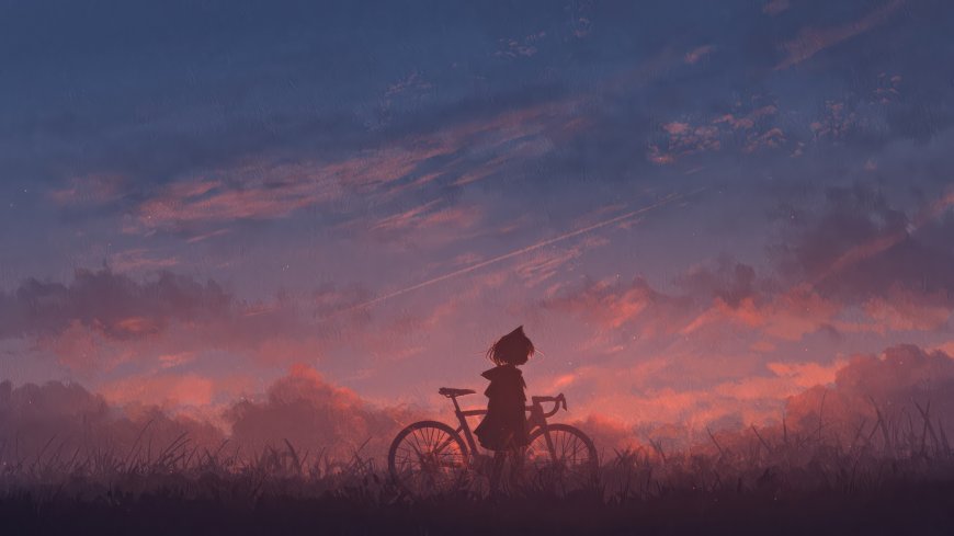 少女与自行车晚霞剪影动漫风景电脑壁纸