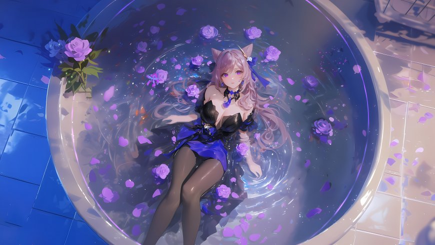 猫耳少女躺玫瑰花瓣浴缸梦幻动漫电脑壁纸