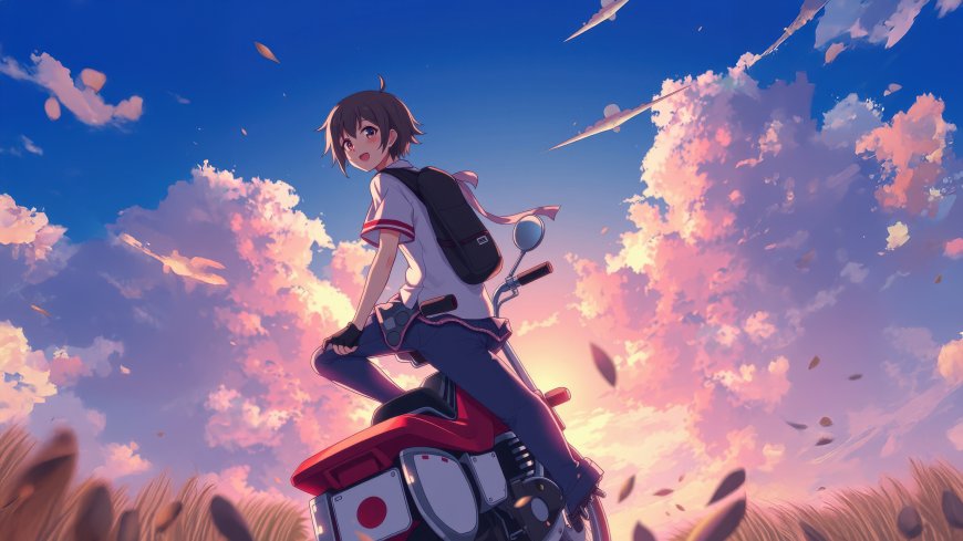 少女摩托车晚霞天空动漫电脑壁纸