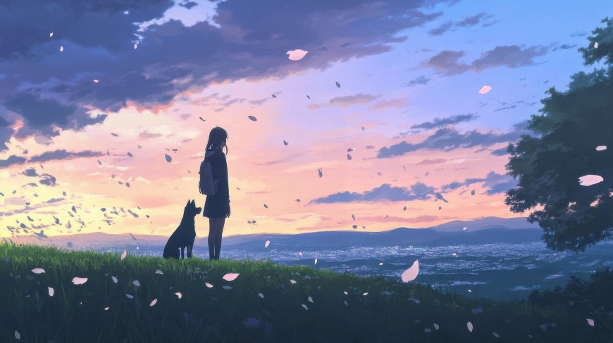 少女与狗眺望城市晚霞动漫风景电脑壁纸