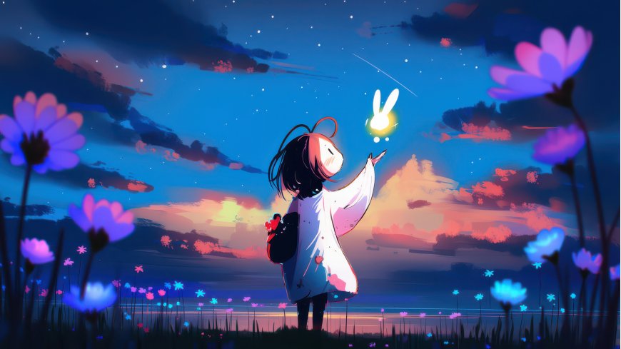 唯美星空花海少女追逐光兔动漫电脑壁纸