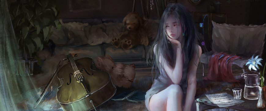 长发少女抱大提琴室内厚涂艺术人物电脑壁纸