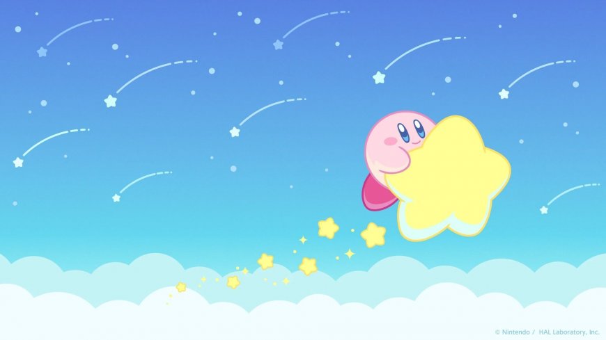 星之卡比抱黄色星星蓝天白云动漫电脑壁纸