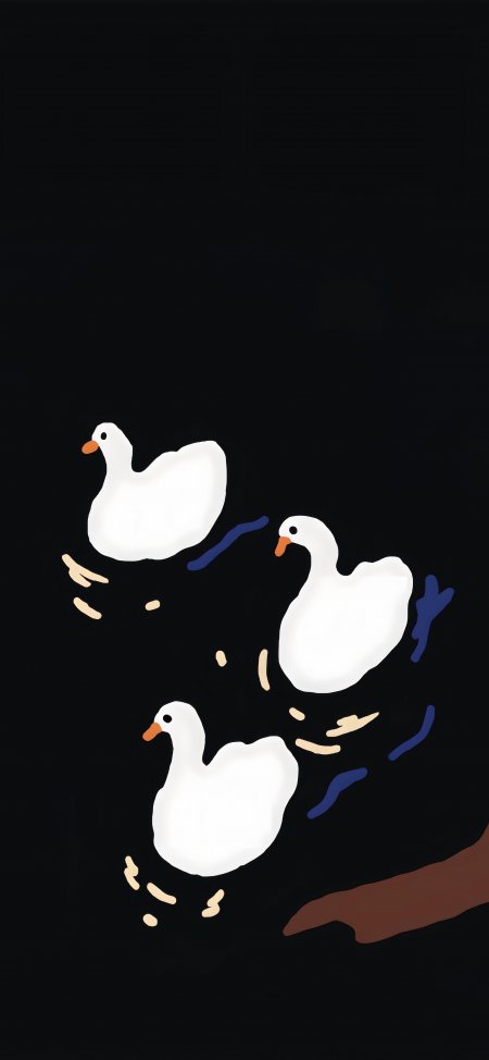 三只白鹅黑色背景简约插画手机壁纸