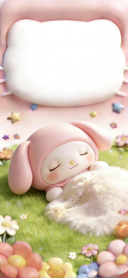 粉帽美乐蒂抱白毛毯草地星星花朵治愈卡通手机壁纸