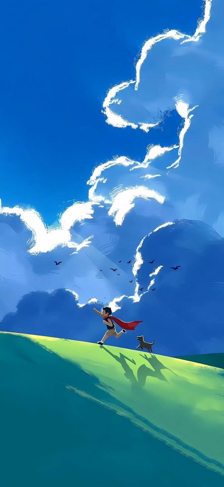 男孩披红披风奔跑草地小狗插画手机壁纸