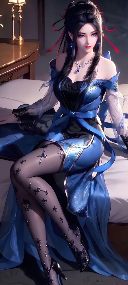 焰灵姬蓝裙坐姿动漫手机壁纸