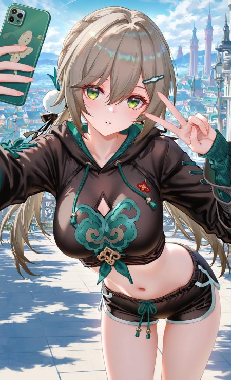 灰发少女户外举手机比耶动漫手机壁纸