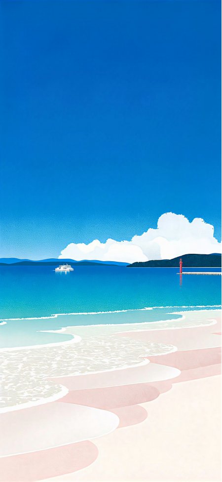 夏日海边沙滩红灯塔白船插画风景手机壁纸