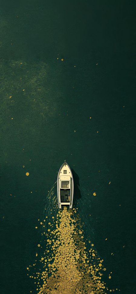 小船航行金色硬币海洋创意手机壁纸