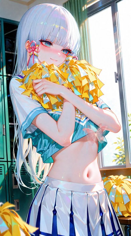 白发少女啦啦队抱花球动漫手机壁纸