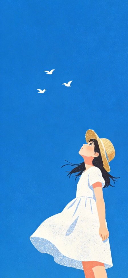 戴草帽少女仰望飞鸟蓝天插画手机壁纸