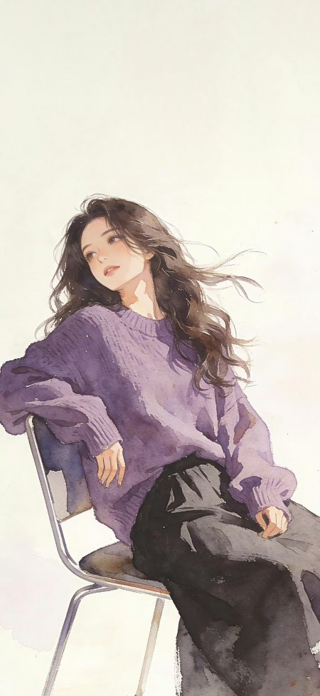 紫衣长发少女坐金属椅水彩风动漫手机壁纸