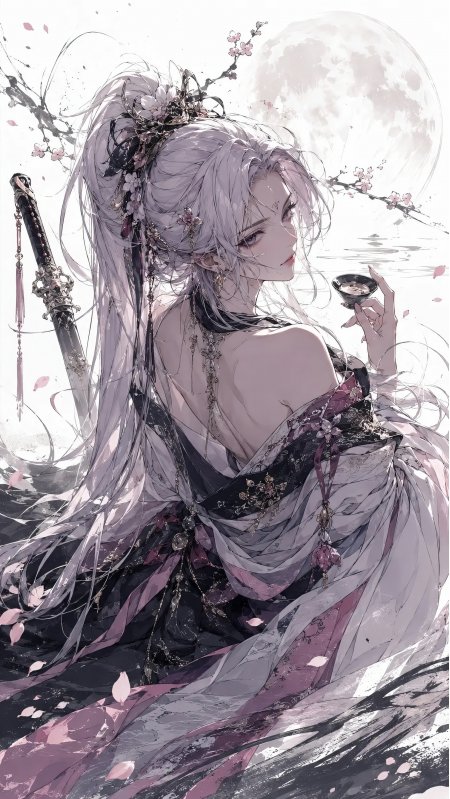 白发古风少女持酒杯月下花枝唯美动漫手机壁纸