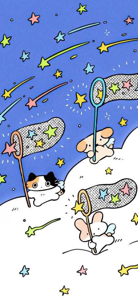 小猫小狗抓星星梦幻创意手机壁纸
