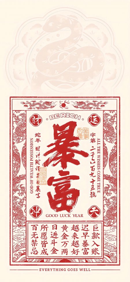 暴富符咒龙纹印章金色点缀创意手机壁纸