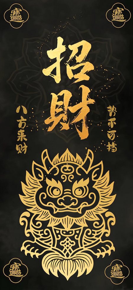 招财金兽书法纹样印章创意设计手机壁纸