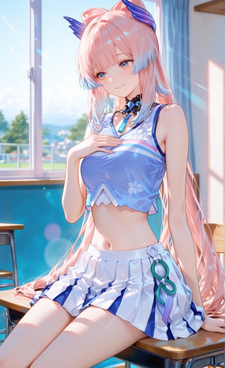 粉蓝发少女教室坐桌动漫手机壁纸