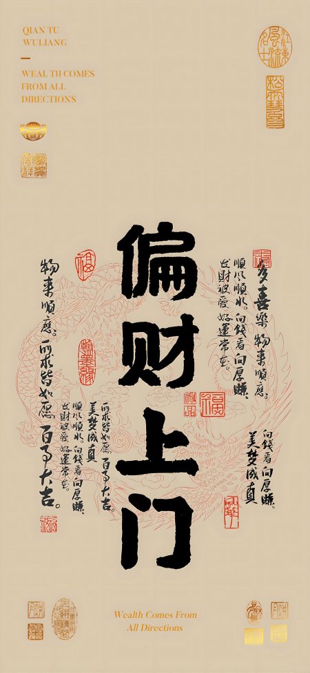 偏财上门书法龙纹印章创意设计手机壁纸