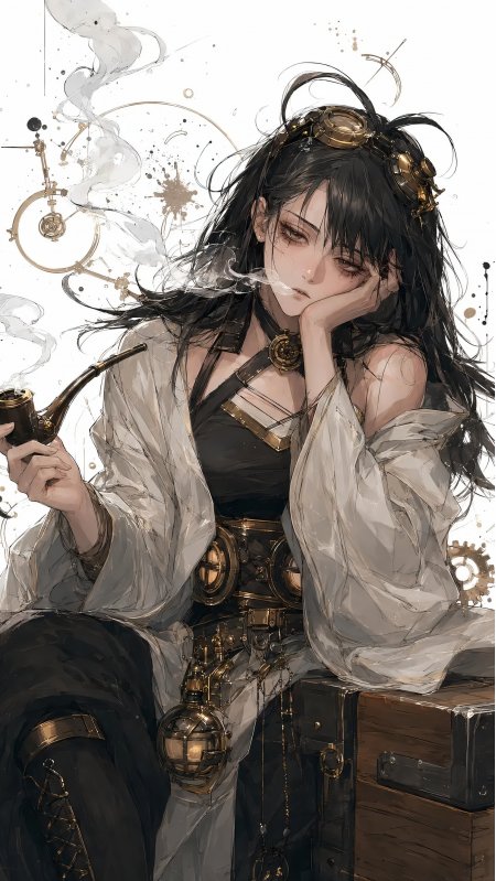 蒸汽朋克风黑发少女持烟斗坐木箱复古动漫手机壁纸
