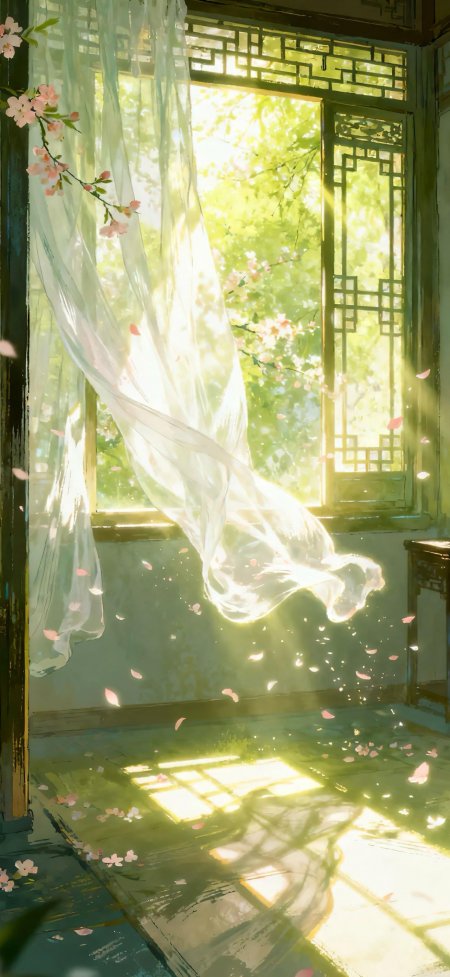 中式窗棂纱帘樱花飘落插画手机壁纸