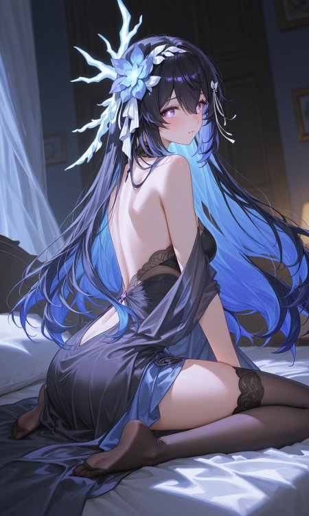 蓝发少女床上回眸动漫手机壁纸