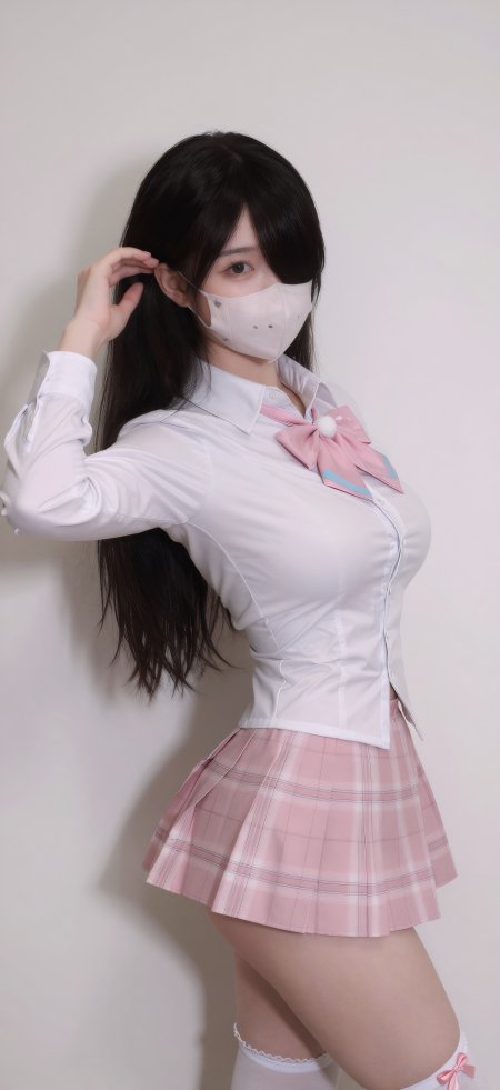 美女穿白衬衫粉格裙戴口罩摄影手机壁纸