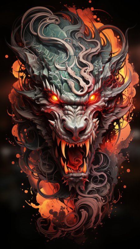 东方神龙火焰环绕奇幻插画手机壁纸