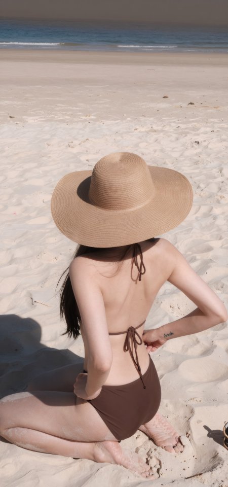 美女戴草帽穿棕色比基尼沙滩摄影手机壁纸